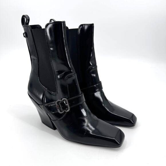 Sam Edelman Black Patent Leather Suzette Chelsea Wedge Heels Boots Size 6.5 - Picture 1 of 14